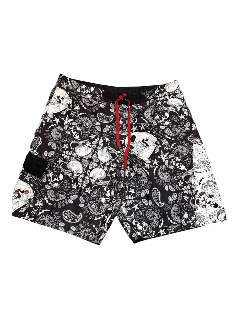 Joe Boxer Skull Board Shorts Men’s Size 36 Black White Paisley Swim Trunks Gothi